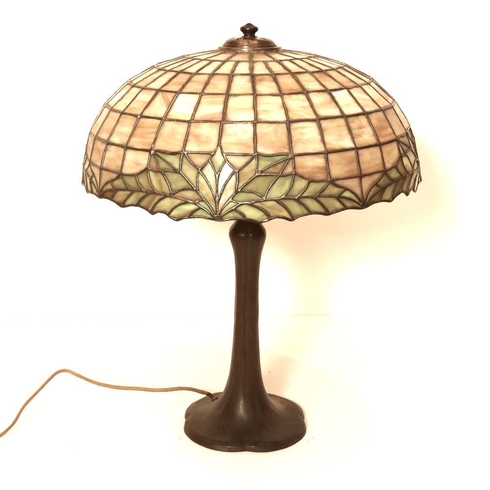 AL2-045: Antique Handel & Duffner & Kimberly Arts & Crafts Bronze Leaded Glass Shade Lamp