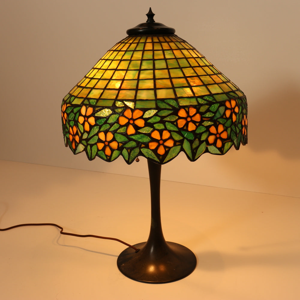 AL2-046: Antique Arts & Crafts Bronze Lamp With Unique Art Glass Company Leaded Stained Glass Shade