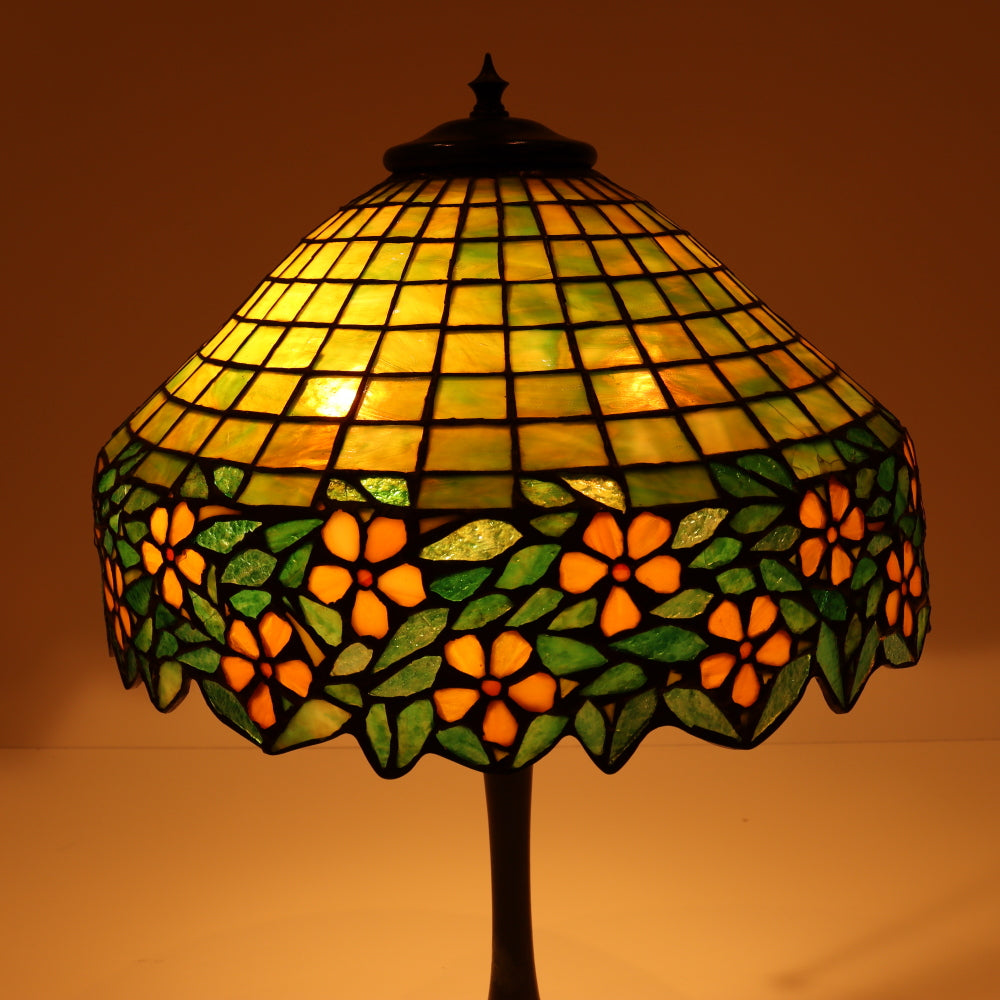 AL2-046: Antique Arts & Crafts Bronze Lamp With Unique Art Glass Company Leaded Stained Glass Shade