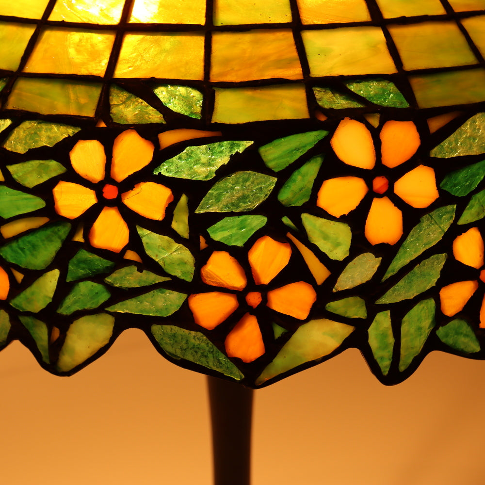 AL2-046: Antique Arts & Crafts Bronze Lamp With Unique Art Glass Company Leaded Stained Glass Shade