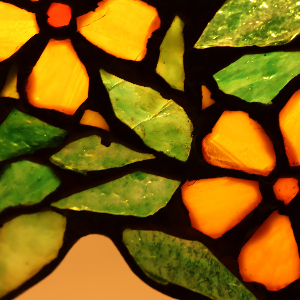 AL2-046: Antique Arts & Crafts Bronze Lamp With Unique Art Glass Company Leaded Stained Glass Shade