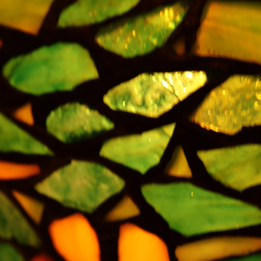 AL2-046: Antique Arts & Crafts Bronze Lamp With Unique Art Glass Company Leaded Stained Glass Shade