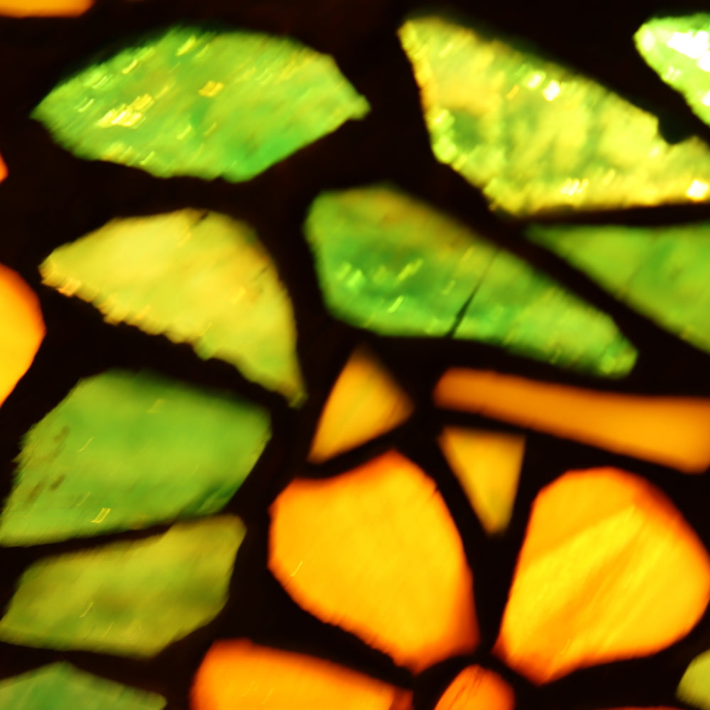 AL2-046: Antique Arts & Crafts Bronze Lamp With Unique Art Glass Company Leaded Stained Glass Shade