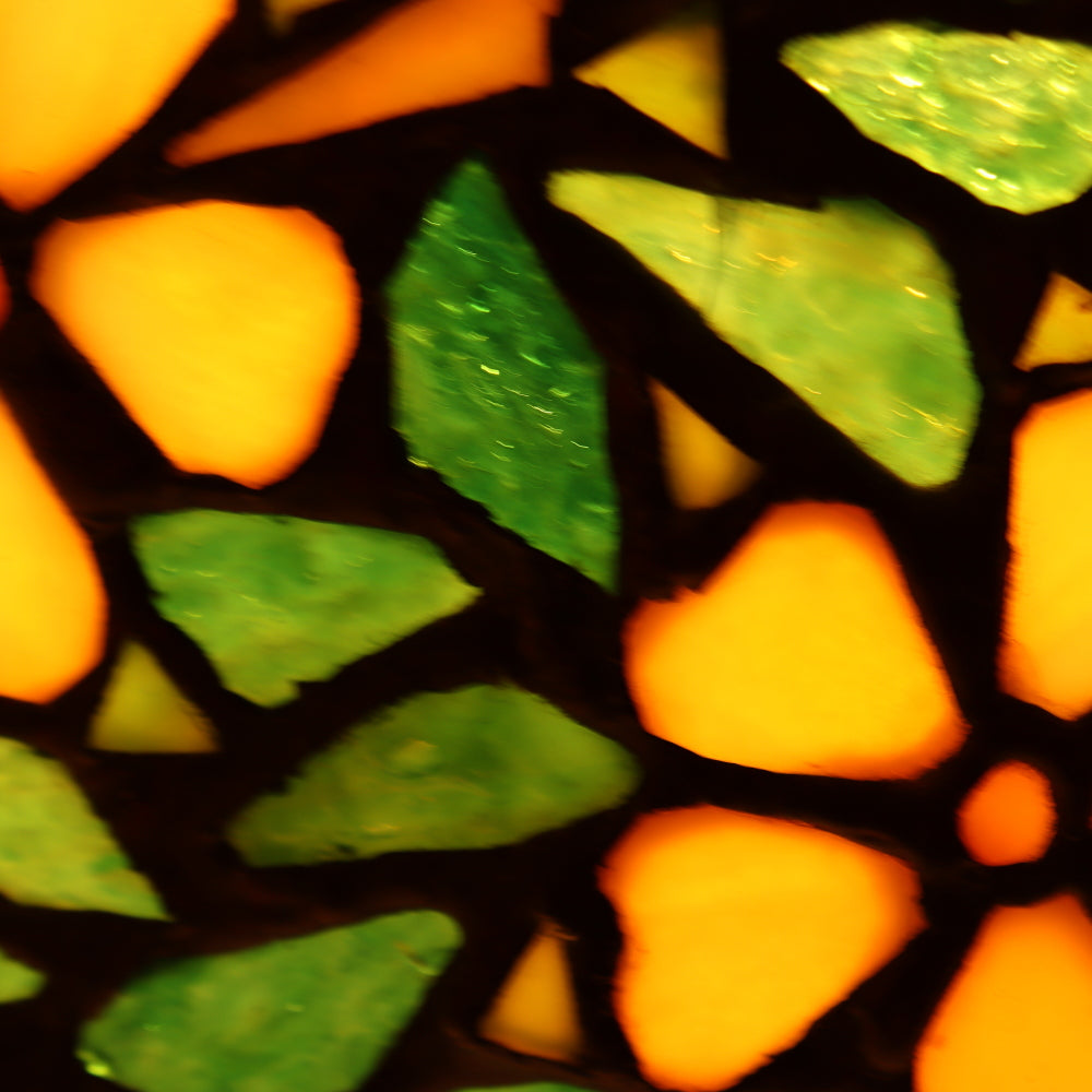 AL2-046: Antique Arts & Crafts Bronze Lamp With Unique Art Glass Company Leaded Stained Glass Shade