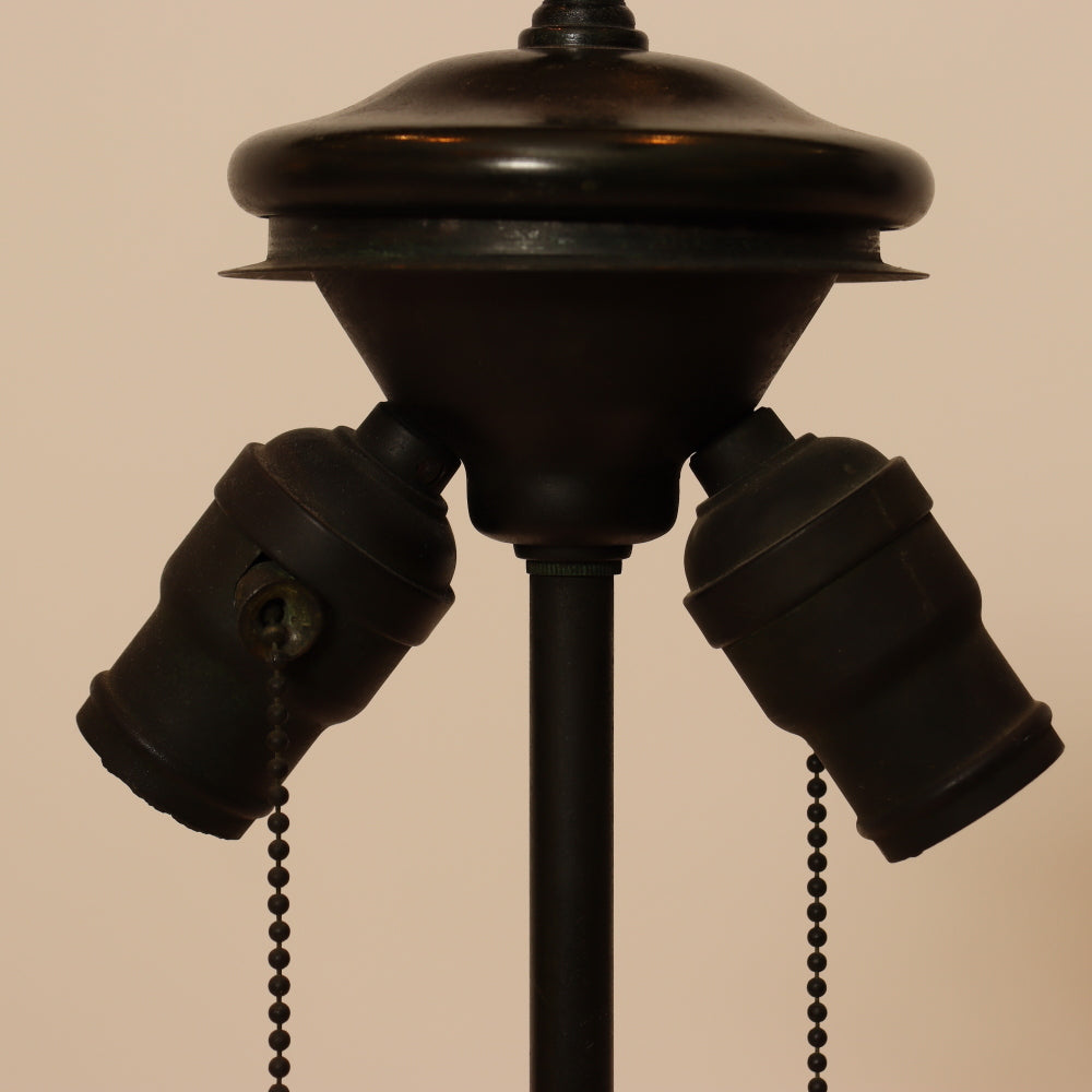 AL2-046: Antique Arts & Crafts Bronze Lamp With Unique Art Glass Company Leaded Stained Glass Shade