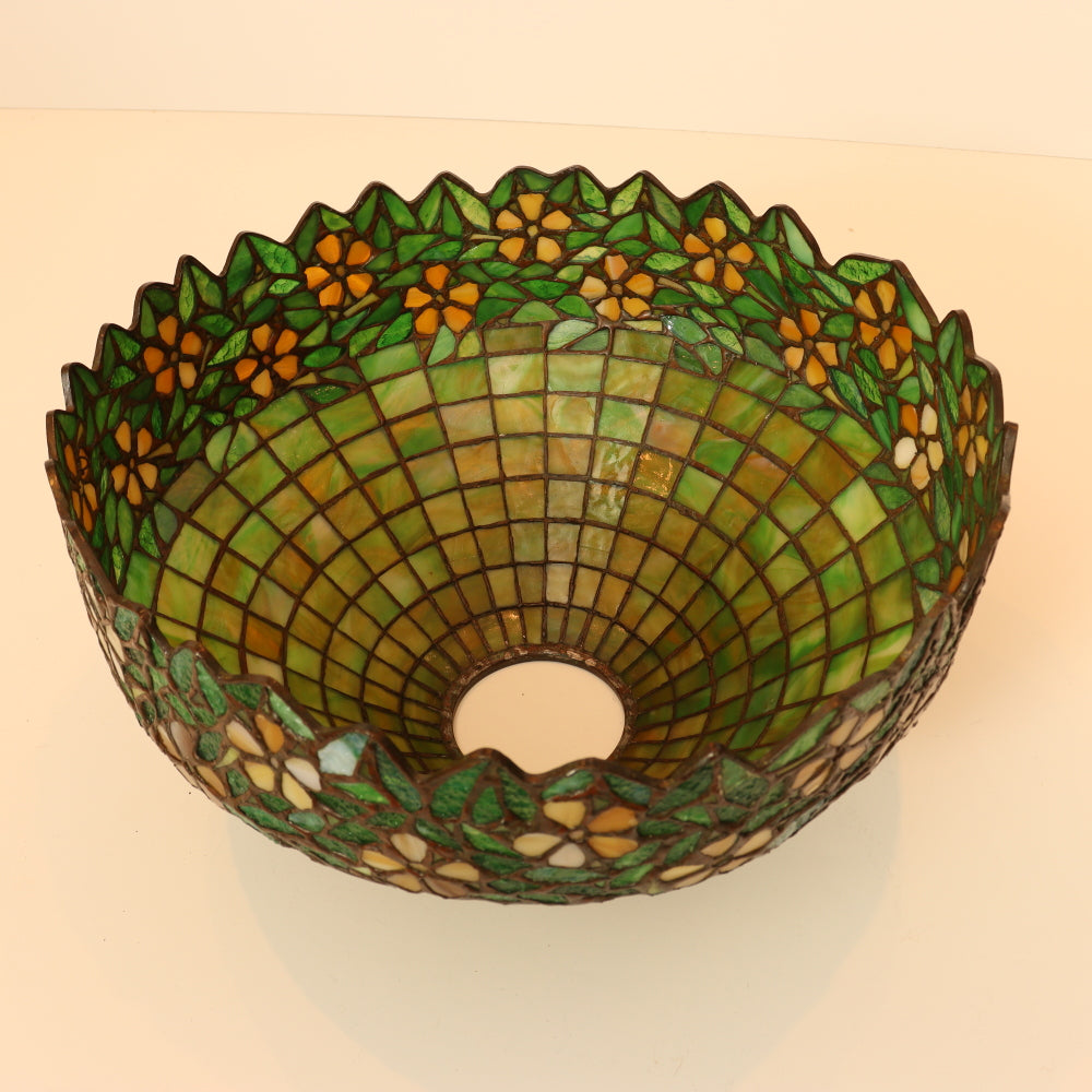 AL2-046: Antique Arts & Crafts Bronze Lamp With Unique Art Glass Company Leaded Stained Glass Shade