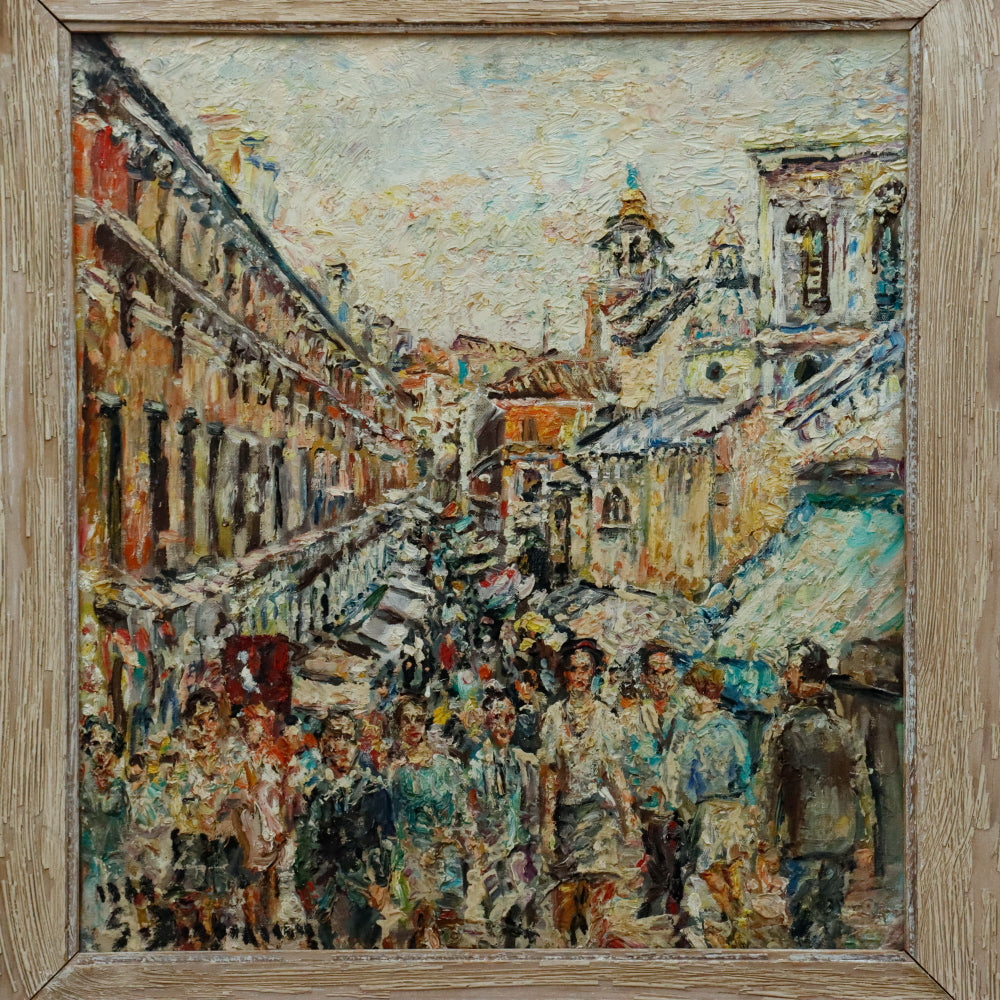 AW159: European School - European Street Scene - Oil on Canvas
