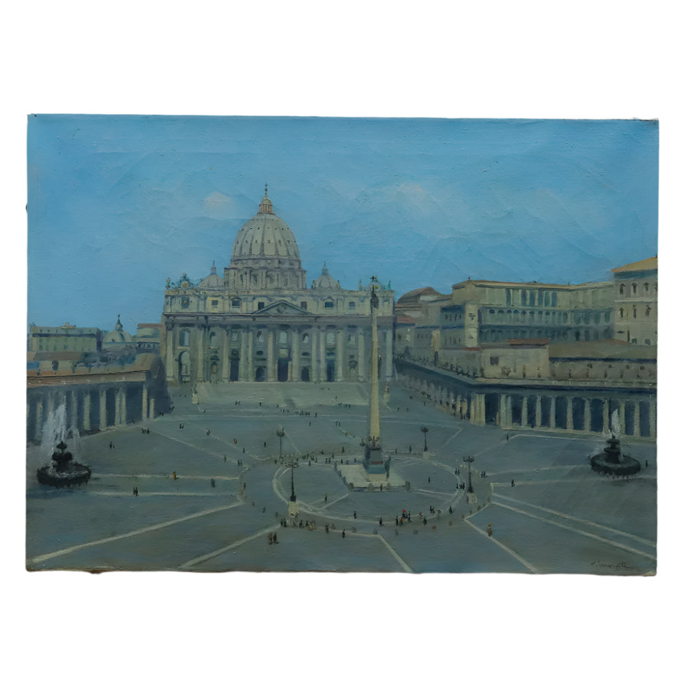 St. Peters Square Antique Early 20th Century Oil on Canvas Painting | Work of Man
