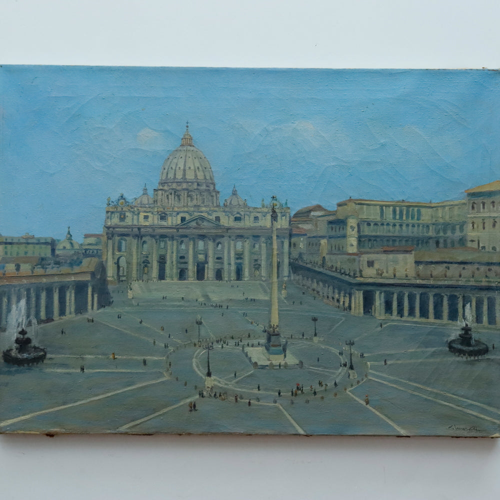 AW869: St. Peters Square Antique Early 20th Century Oil on Canvas Painting