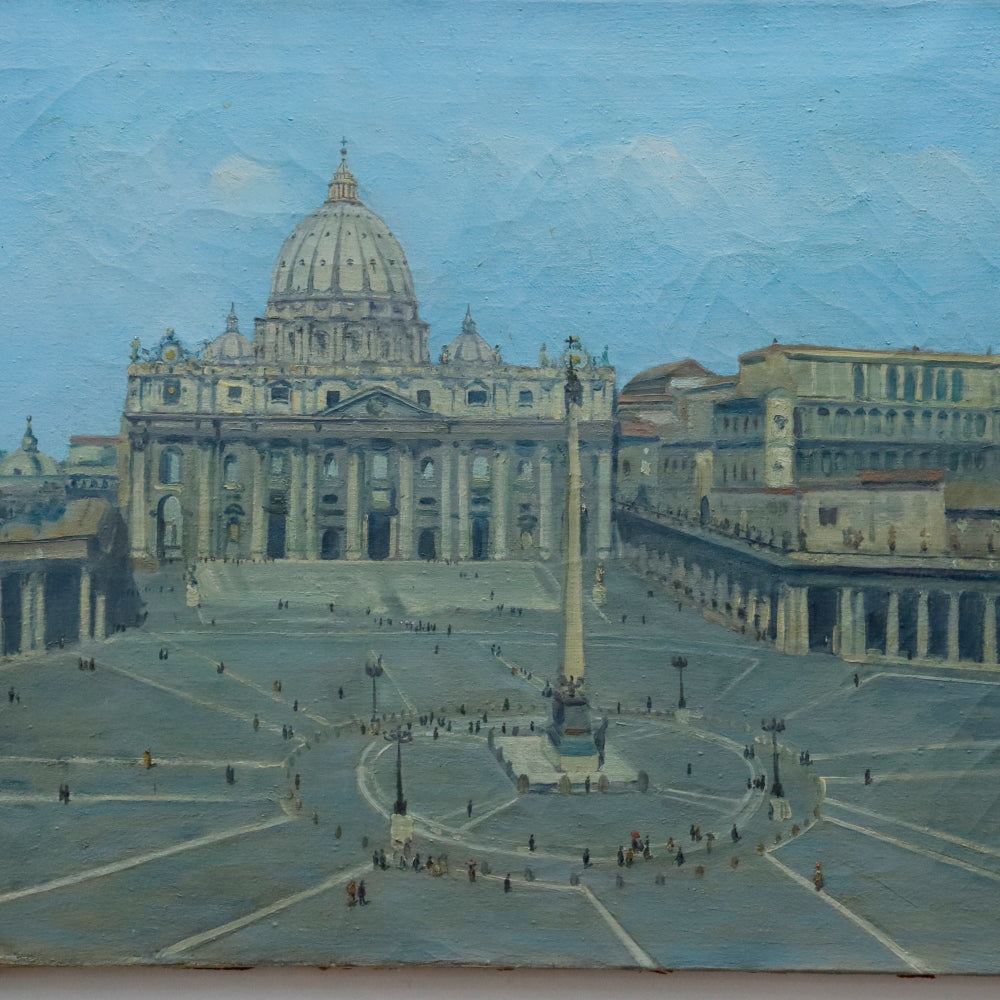 AW869: St. Peters Square Antique Early 20th Century Oil on Canvas Painting