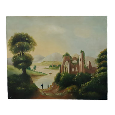 Antique Oil Painting Ruins By The River  American School | Work of Man