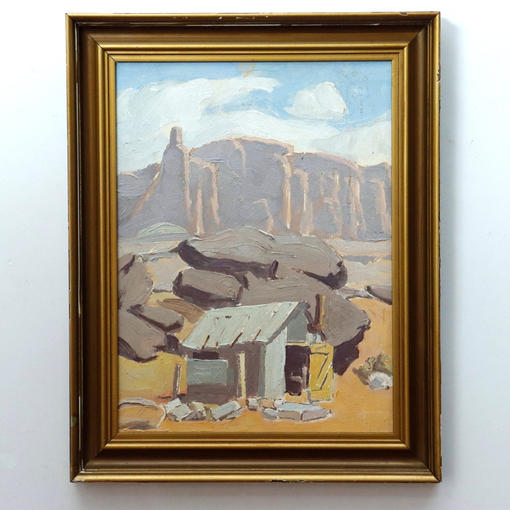 AW100: Ralph Holmes Desert Shack Oil on Board Painting Early 20th Century
