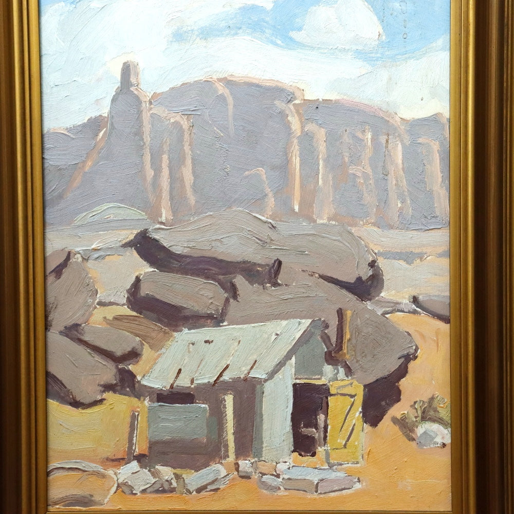 AW100: Ralph Holmes Desert Shack Oil on Board Painting Early 20th Century