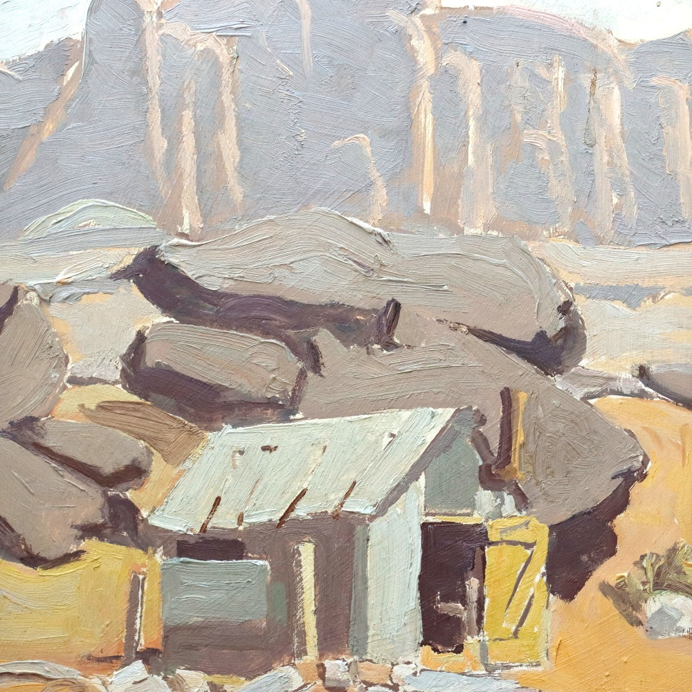 AW100: Ralph Holmes Desert Shack Oil on Board Painting Early 20th Century