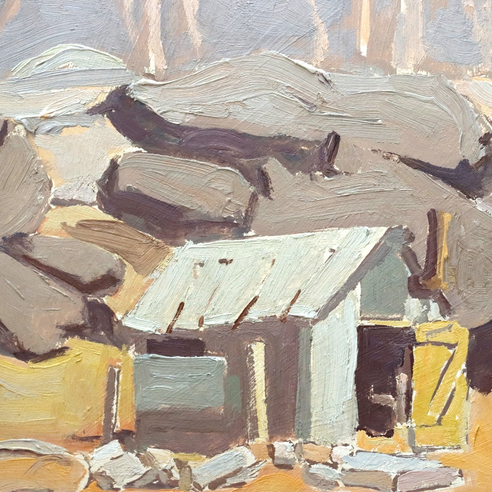 AW100: Ralph Holmes Desert Shack Oil on Board Painting Early 20th Century