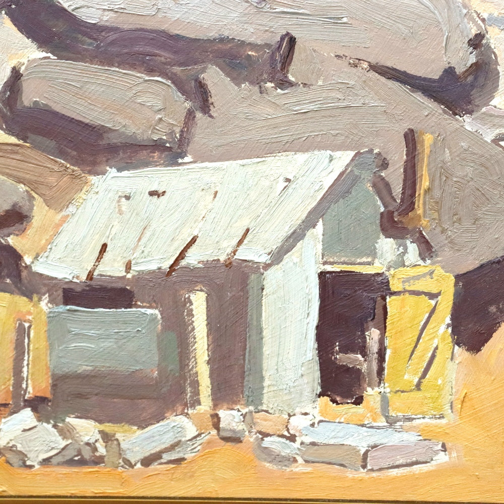 AW100: Ralph Holmes Desert Shack Oil on Board Painting Early 20th Century