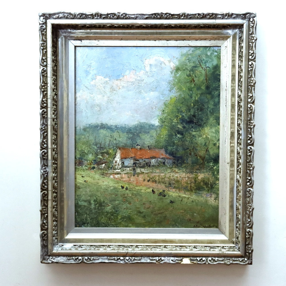 AW474: Felix Carpentier Rural Farmstead Oil on Board Circa 1916