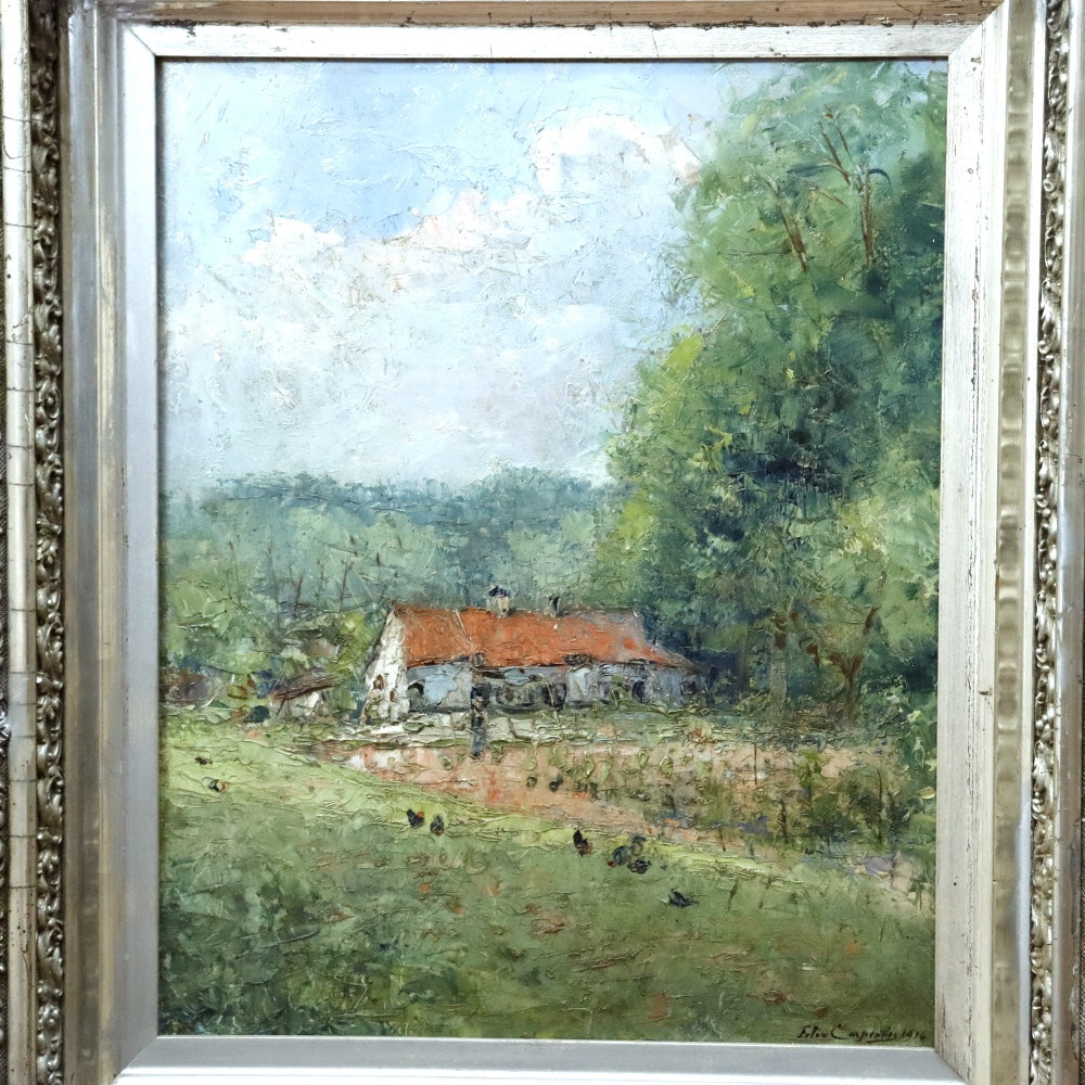 AW474: Felix Carpentier Rural Farmstead Oil on Board Circa 1916