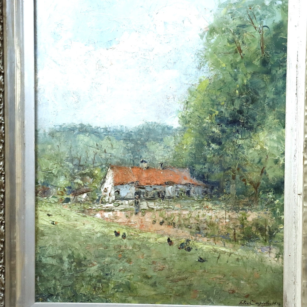 AW474: Felix Carpentier Rural Farmstead Oil on Board Circa 1916