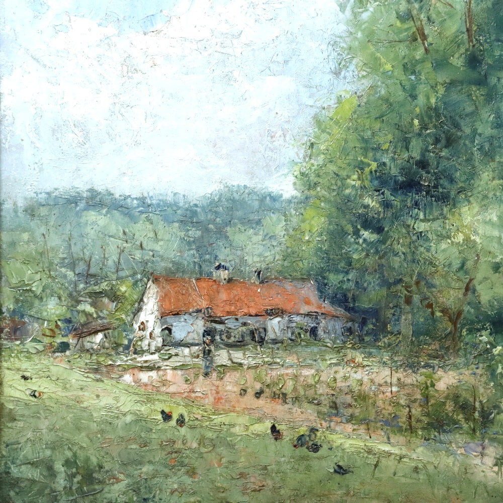 AW474: Felix Carpentier Rural Farmstead Oil on Board Circa 1916