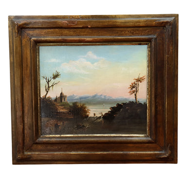 English School Antique Lakeside Landscape With Ruins Oil  Painting | Work of Man