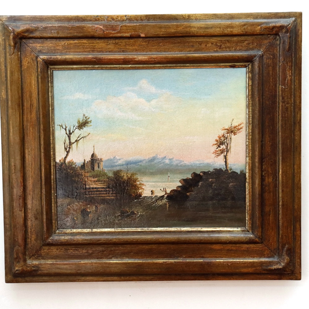 AW878: Antique English School Early 19th Century Lakeside Landscape With Ruins Oil on Canvas Painting