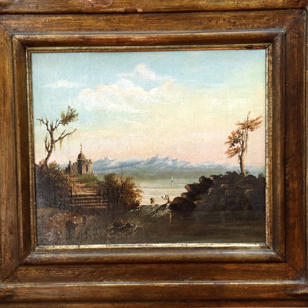AW878: Antique English School Early 19th Century Lakeside Landscape With Ruins Oil on Canvas Painting
