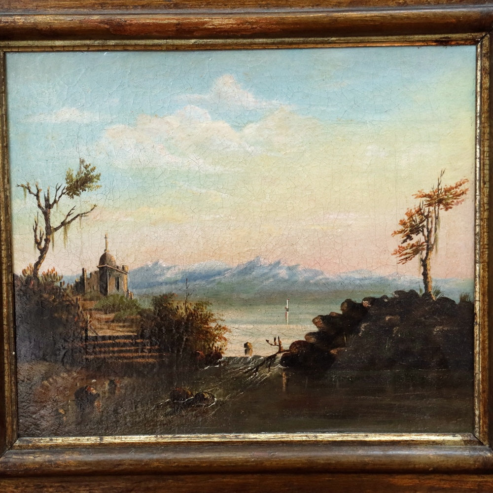 AW878: Antique English School Early 19th Century Lakeside Landscape With Ruins Oil on Canvas Painting