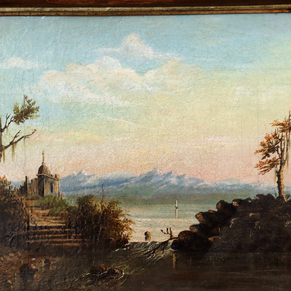 AW878: Antique English School Early 19th Century Lakeside Landscape With Ruins Oil on Canvas Painting