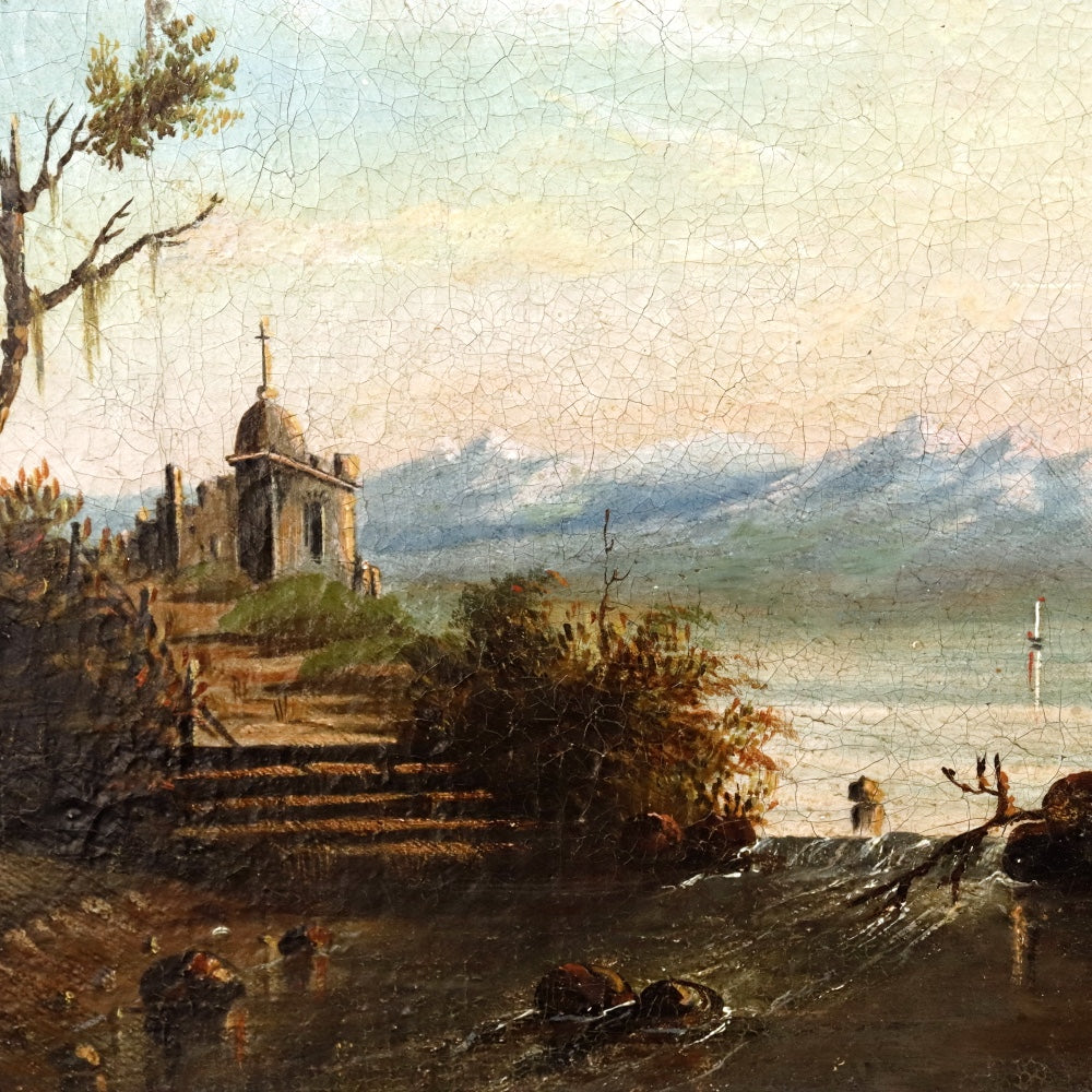 AW878: Antique English School Early 19th Century Lakeside Landscape With Ruins Oil on Canvas Painting
