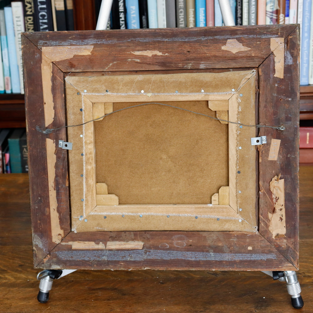 AW878: Antique English School Early 19th Century Lakeside Landscape With Ruins Oil on Canvas Painting