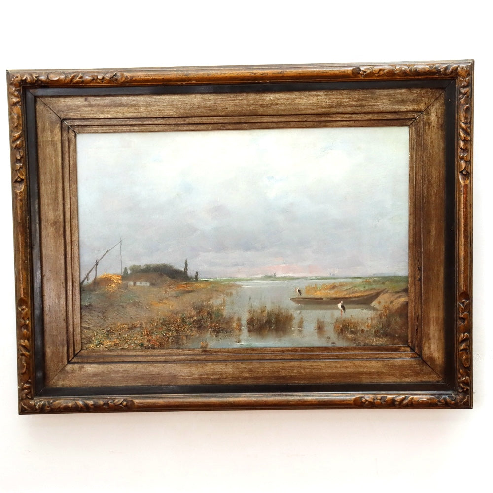 Antique French School Normandy Marsh Landscape Oil Painting | Work of Man