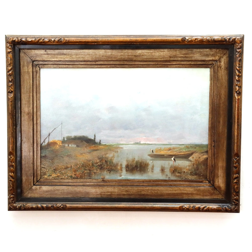 AW879: Antique French School Normandy Marsh Landscape Late 19th Century Oil on Canvas Painting