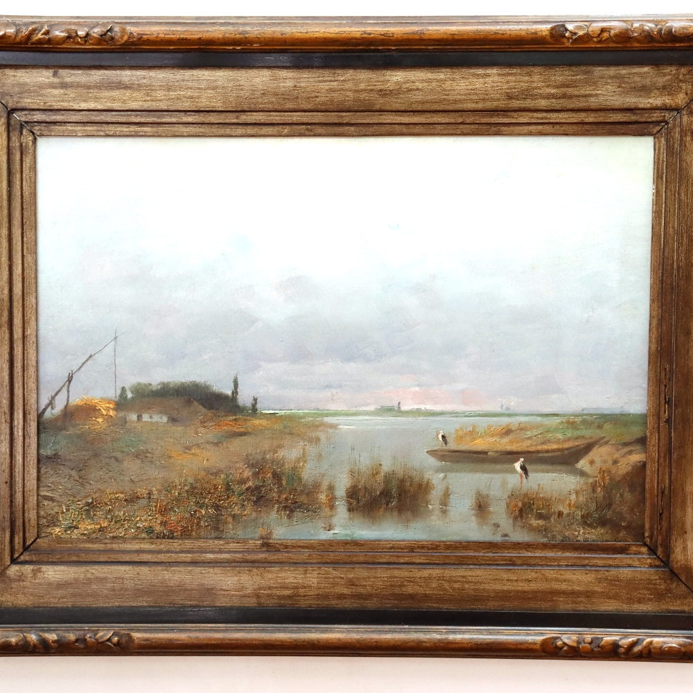 AW879: Antique French School Normandy Marsh Landscape Late 19th Century Oil on Canvas Painting