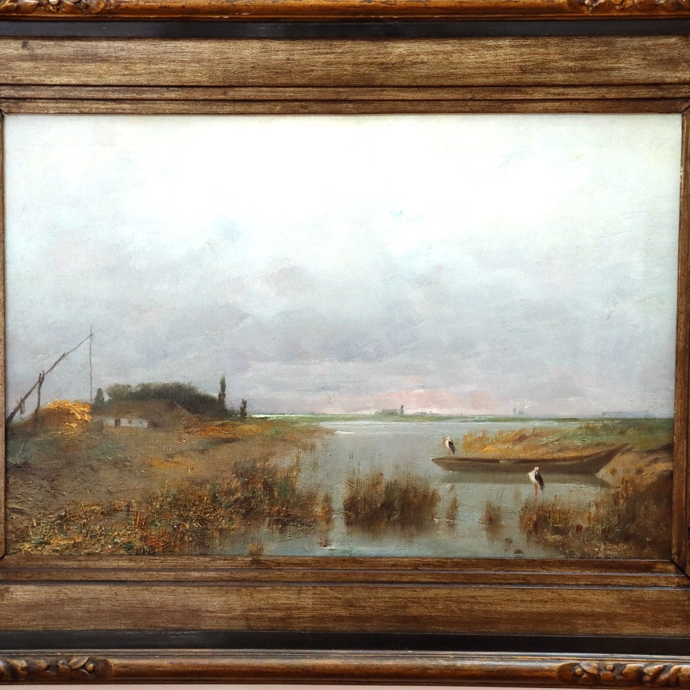 AW879: Antique French School Normandy Marsh Landscape Late 19th Century Oil on Canvas Painting