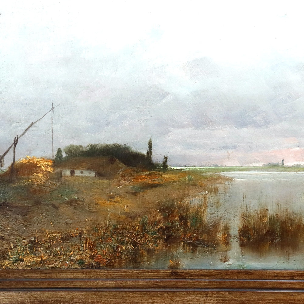 AW879: Antique French School Normandy Marsh Landscape Late 19th Century Oil on Canvas Painting