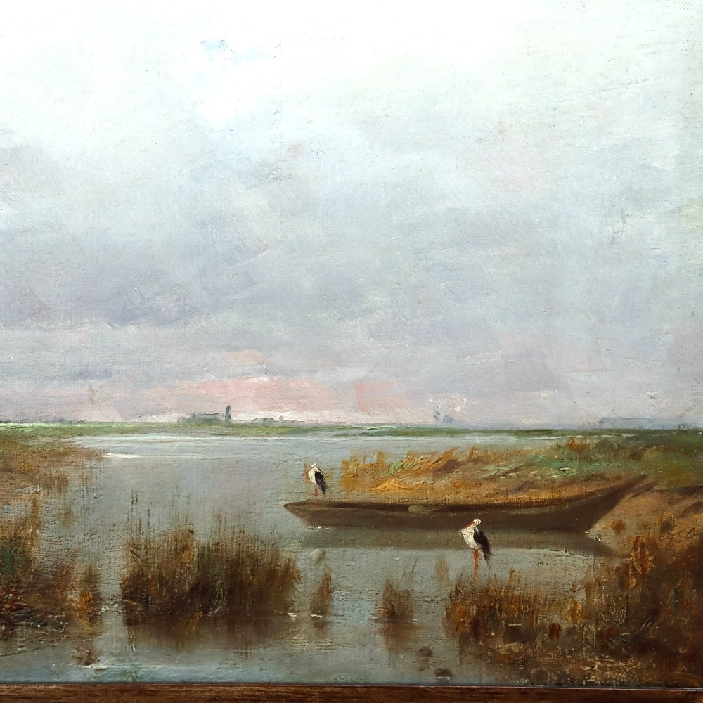 AW879: Antique French School Normandy Marsh Landscape Late 19th Century Oil on Canvas Painting