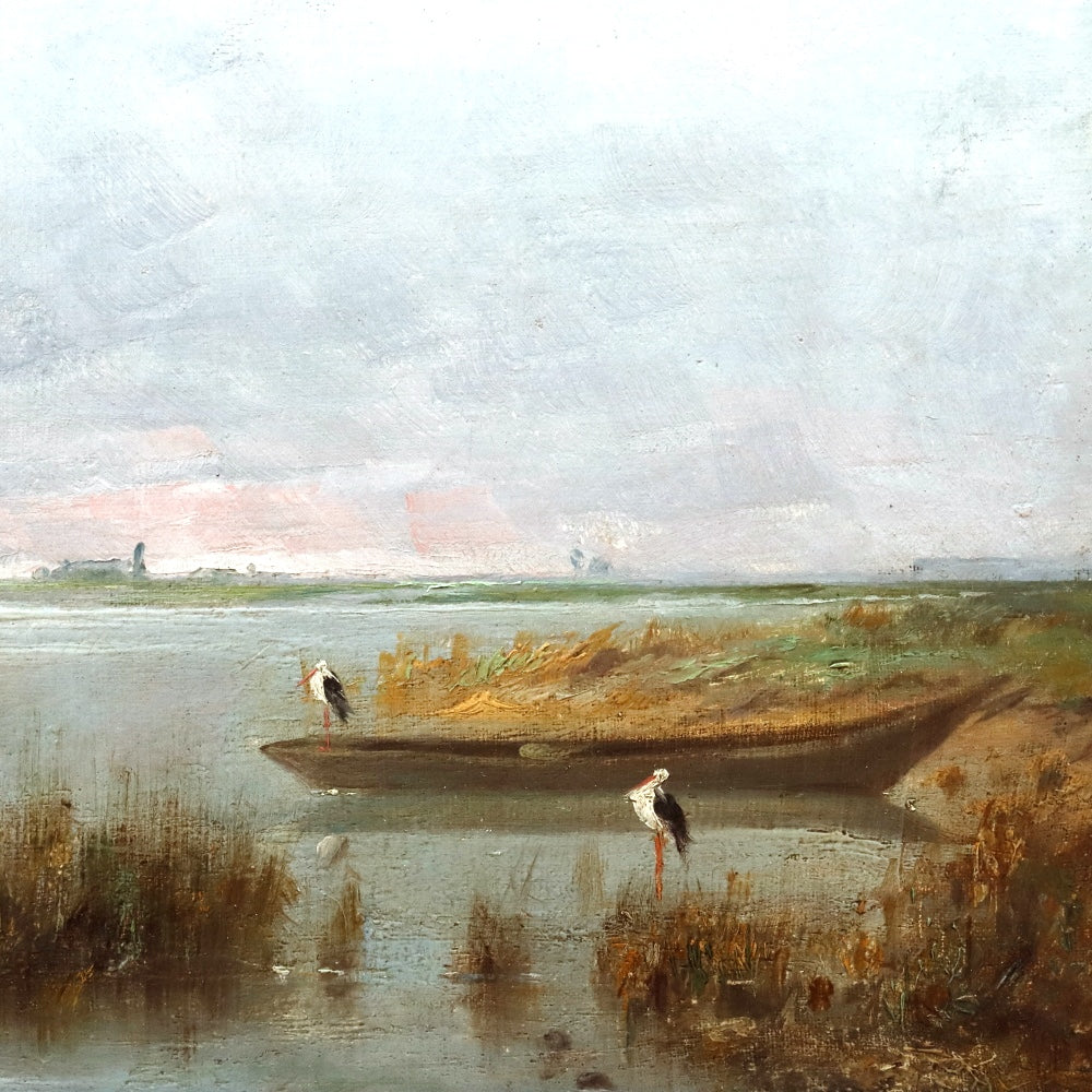 AW879: Antique French School Normandy Marsh Landscape Late 19th Century Oil on Canvas Painting