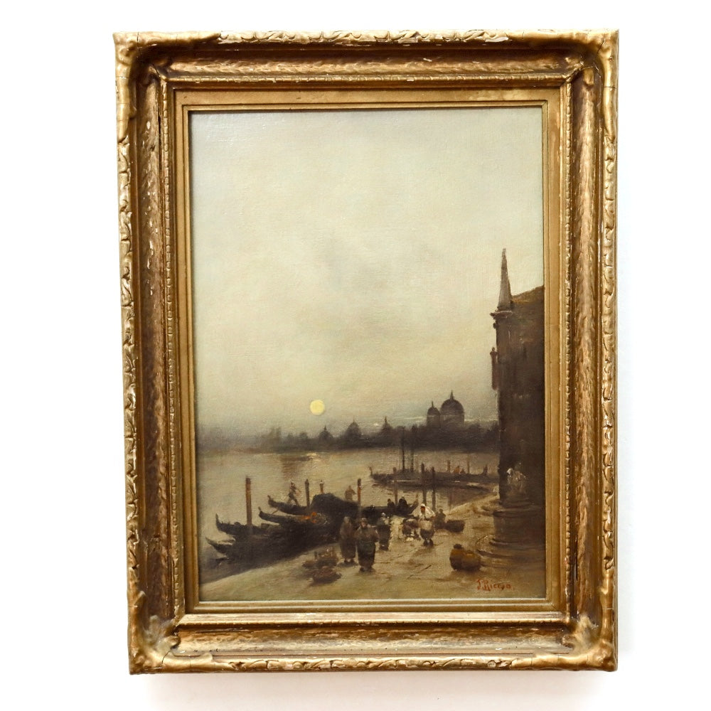 J. Riccio Antique Italian Venetian Canal Scene Oil on Canvas Painting | Work of Man