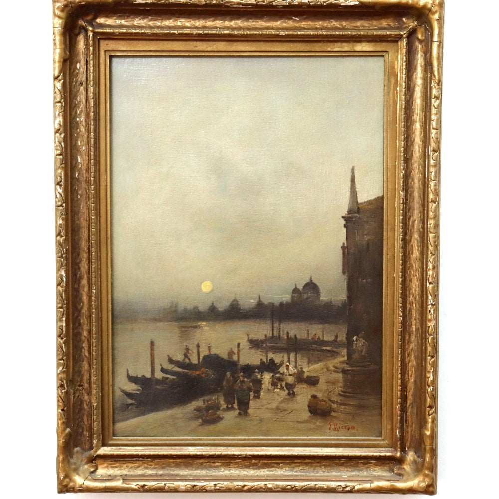 AW880: J. Riccio Antique Italian Venetian Canal Scene Oil on Canvas Painting