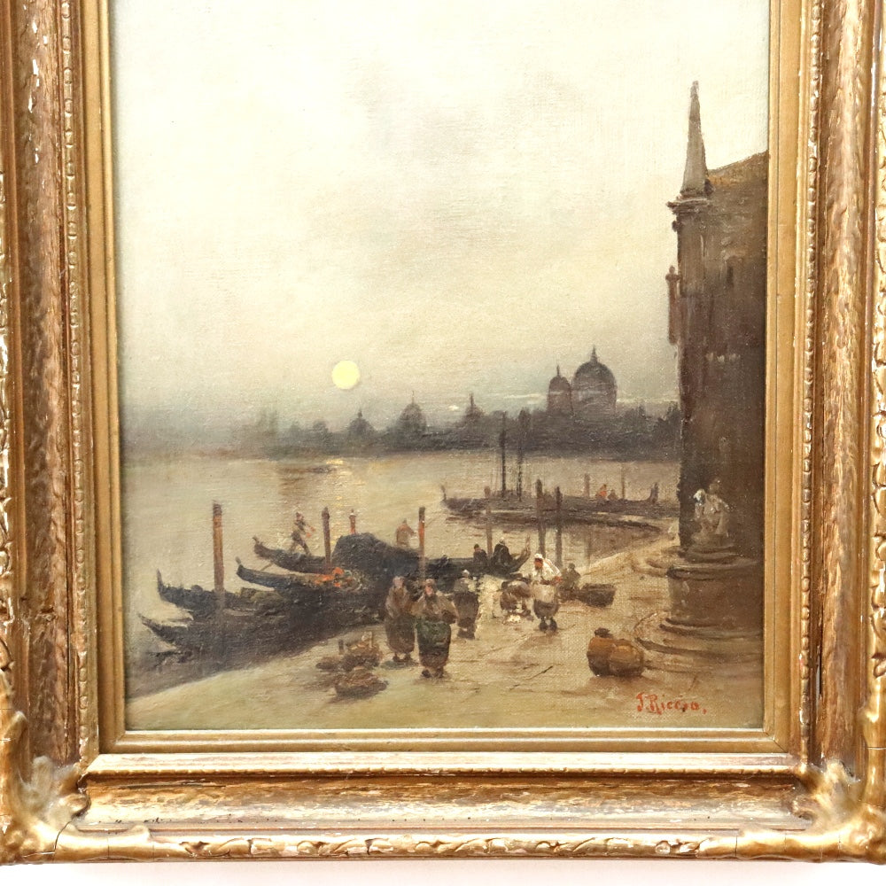 AW880: J. Riccio Antique Italian Venetian Canal Scene Oil on Canvas Painting