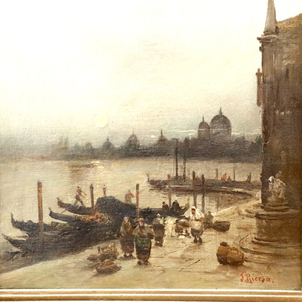 AW880: J. Riccio Antique Italian Venetian Canal Scene Oil on Canvas Painting