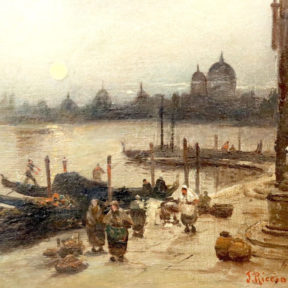AW880: J. Riccio Antique Italian Venetian Canal Scene Oil on Canvas Painting