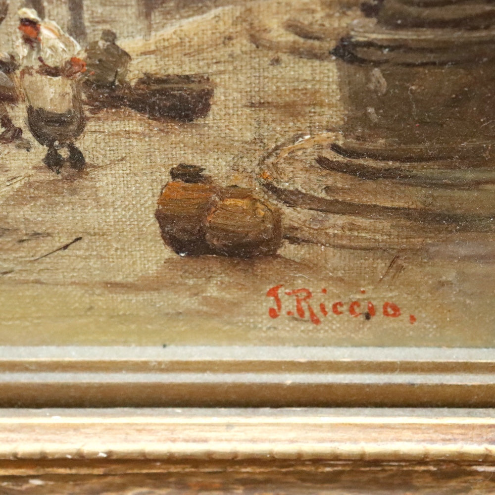 AW880: J. Riccio Antique Italian Venetian Canal Scene Oil on Canvas Painting