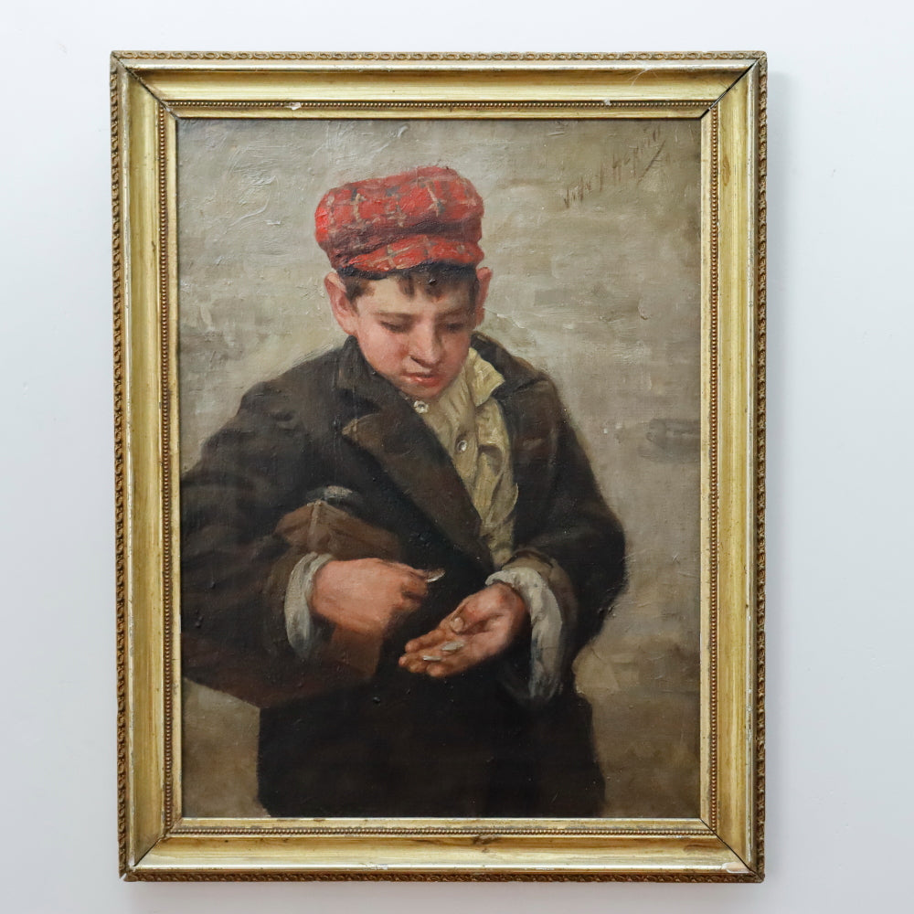 John Henry Henrici Shoe Shine Street Urchin Counting Change Oil on Canvas Painting | Work of Man