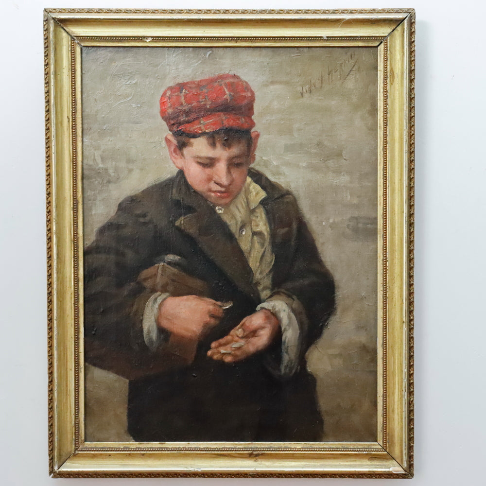 AW882: John Henry Henrici Shoe Shine Street Urchin Counting Change Oil on Canvas Painting Late 19th Century