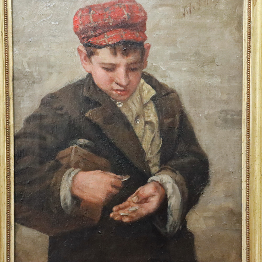 AW882: John Henry Henrici Shoe Shine Street Urchin Counting Change Oil on Canvas Painting Late 19th Century