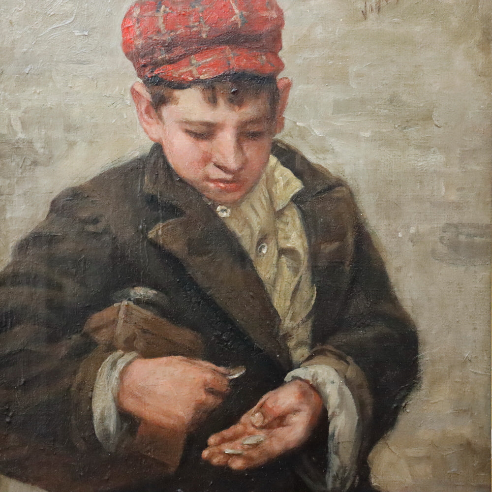 AW882: John Henry Henrici Shoe Shine Street Urchin Counting Change Oil on Canvas Painting Late 19th Century