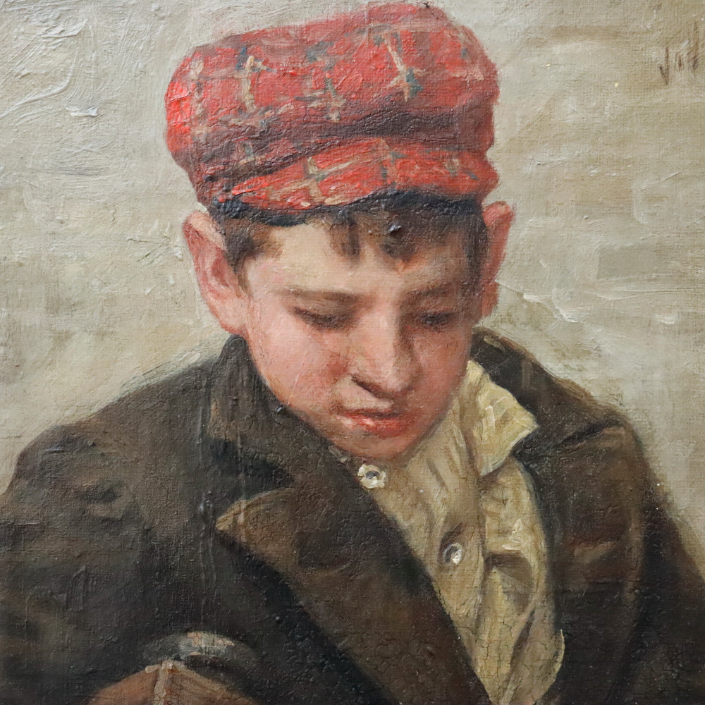 AW882: John Henry Henrici Shoe Shine Street Urchin Counting Change Oil on Canvas Painting Late 19th Century