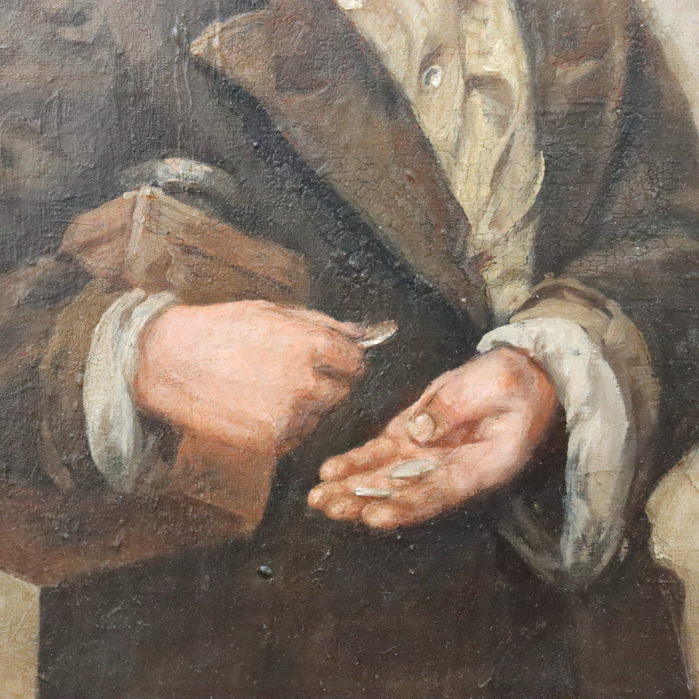 AW882: John Henry Henrici Shoe Shine Street Urchin Counting Change Oil on Canvas Painting Late 19th Century